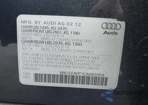 2012 Audi Q5 2.0T Premium from USA, damaged, VIN WA1LFAFP1CA083954